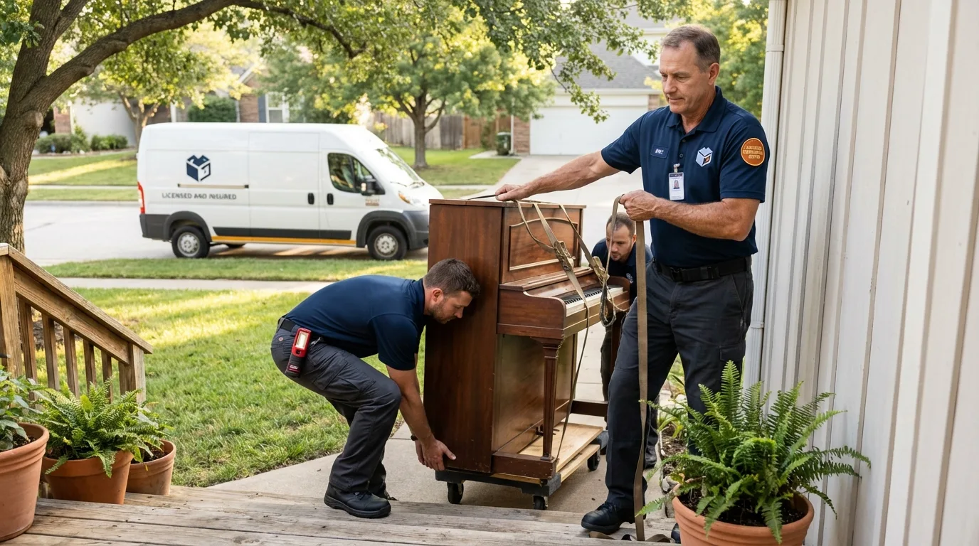 Licensed piano movers securing grand piano in Hopwood, PA