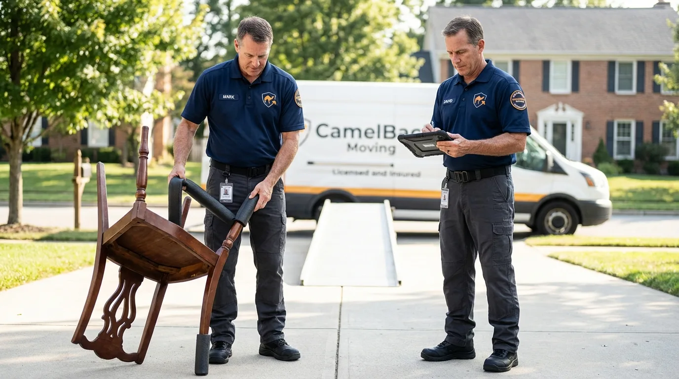 Movers inspecting furniture for damage prevention before loading in Hopwood, PA