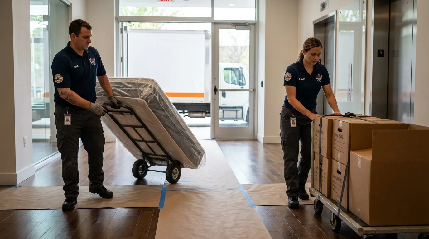 Professional apartment movers loading elevator in Hopwood, PA