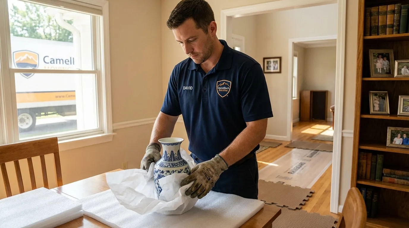 Professional crew carefully wrapping antique vase for senior downsizing move in Hopwood, PA