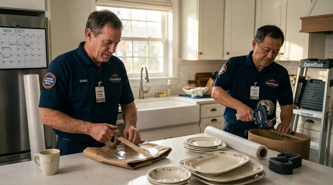 Professional crew packing kitchen dishware in Hopwood, PA